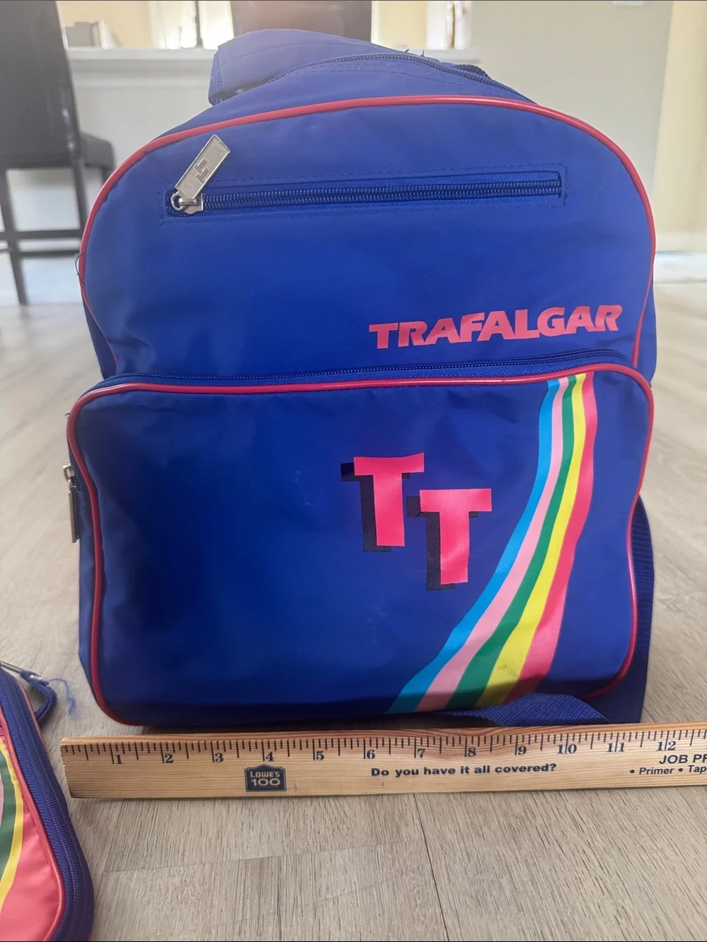 Trafalgar Backpack Shoulder Bag Vintage 80's Rainbow Blue Travel Bag Red Trim